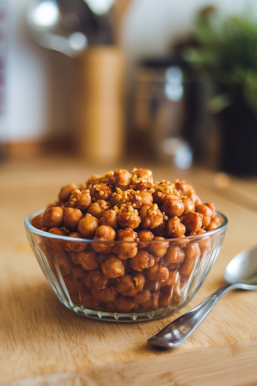 A glass bowl on a kitchen counter filled with shiny roasted chickpeas coated in honey and garlic seasoning. No text or logos.