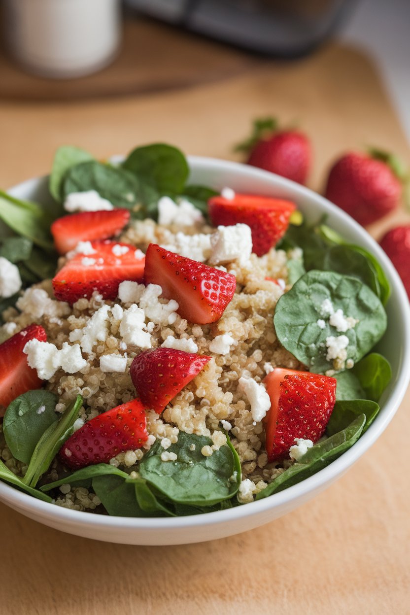Photo of a bowl of baby spinach leaves mixed with sliced strawberries, cooked quinoa, and feta crumbles indoors; no text or logos.