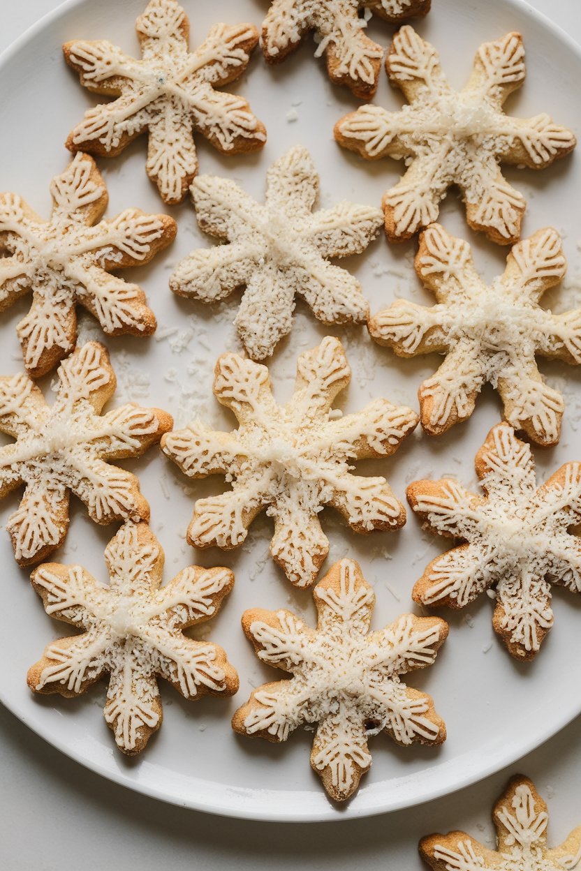 Snowflake-cut cookies made from cashew flour dusted with shredded coconut on an indoor platter. No text or logos.