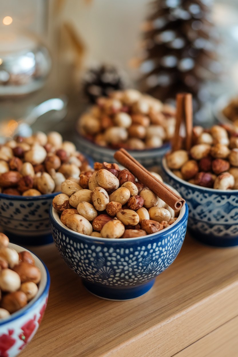 Small indoor bowls filled with roasted mixed nuts coated in holiday spices, cinnamon sticks nearby. No text or logos. Photo only.