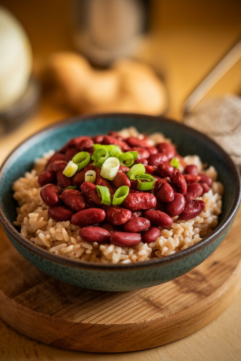 Indoor photo of a bowl of red beans over brown rice, sprinkled with green onions, no text or logos