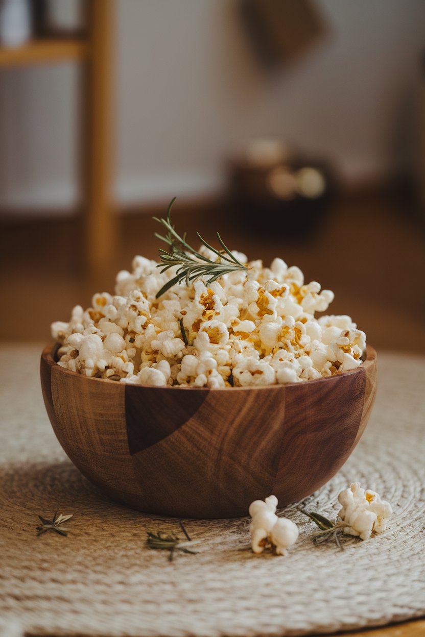 Photo of a wooden bowl indoors filled with air-popped popcorn drizzled with olive oil and sprinkled with fresh rosemary, no text or logos.