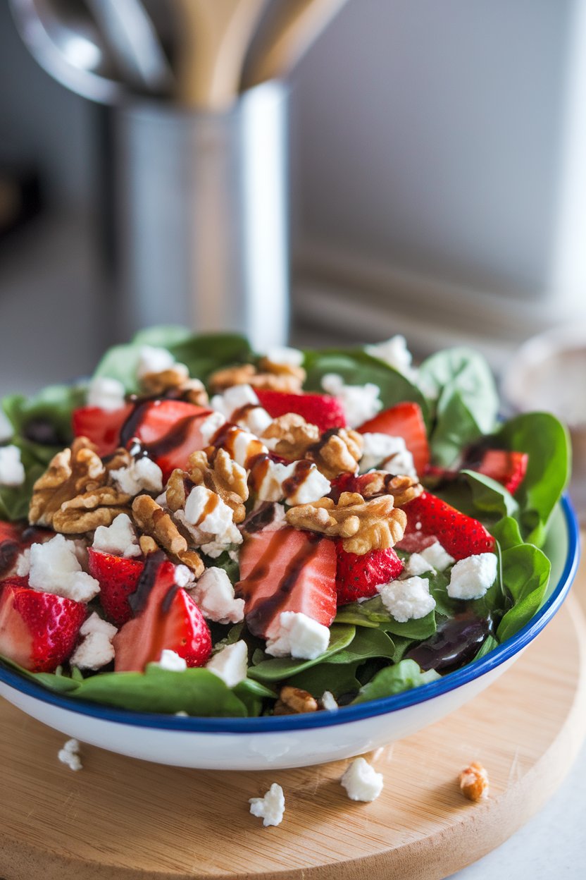 Indoor photo of a salad bowl with baby spinach, sliced strawberries, crumbled feta, and toasted walnuts, balsamic glaze drizzle, no text or logos.