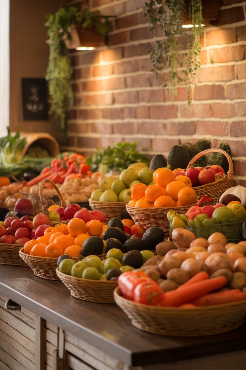 Photo — A farmers-market style indoor countertop with baskets of fresh seasonal fruits and vegetables under warm lighting. No text or logos visible.