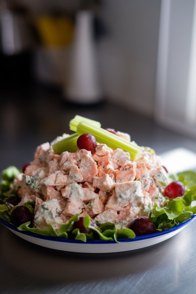 Indoor plate of chopped chicken salad bound with Greek yogurt, dotted with celery and grapes, sitting on leafy greens; natural kitchen lighting; photo, no text or logos.