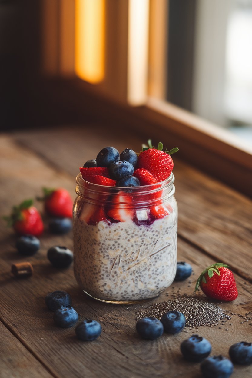 A rustic wooden table indoors with a glass jar of overnight oats topped with mixed blueberries and strawberries, chia seeds sprinkled on top. Warm morning light; no text or logos.