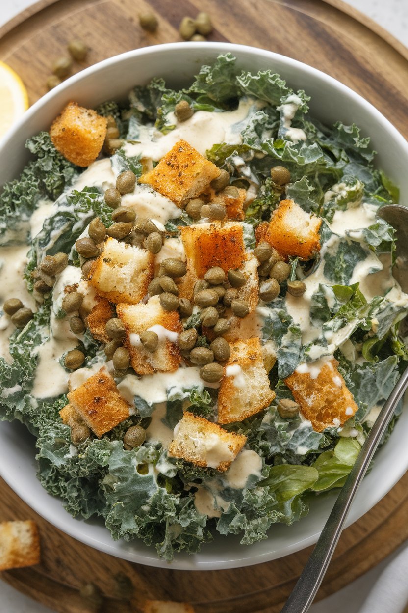 An indoor salad bowl of massaged kale, crunchy croutons, and creamy lemon-tahini dressing, capers sprinkled on top. No text or logos; photo, not illustration.