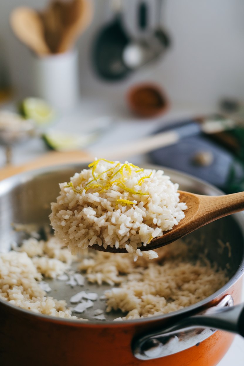 Indoor photo of fluffy brown rice flecked with lime zest in a saucepan, coconut flakes scattered around. No text or logos; photograph.
