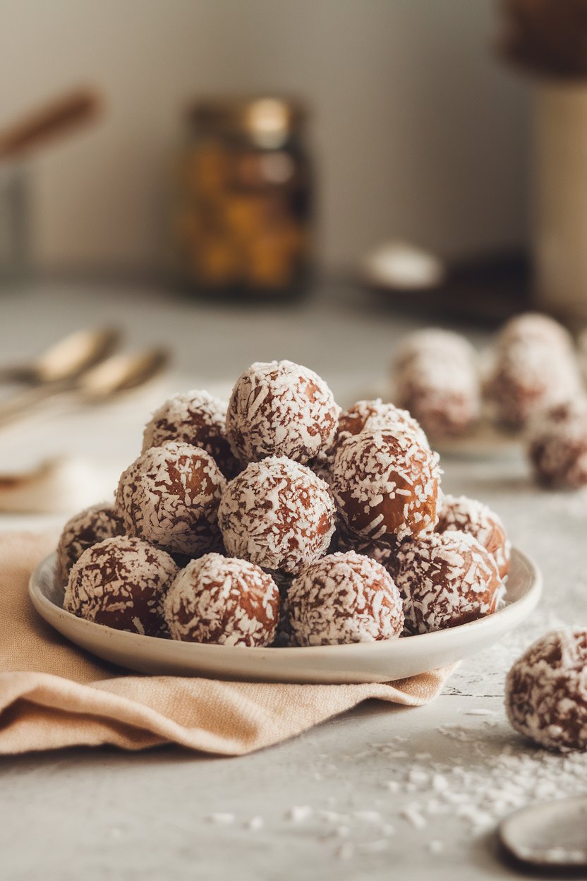 A photo of a white plate on an indoor table featuring round cocoa-almond date balls dusted with shredded coconut. No text or logos.