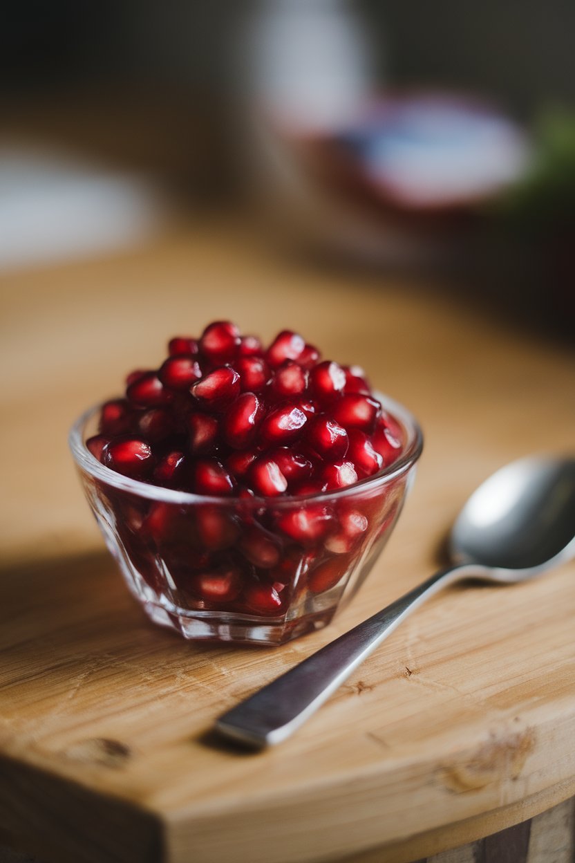 Indoor close-up of a small glass bowl filled with glossy pomegranate arils, spoon lying next to it. No text or logos. Photo.