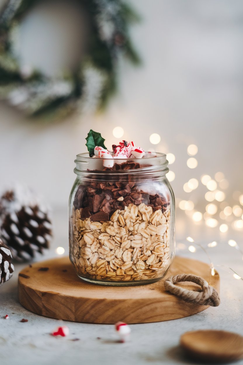 Indoor holiday-inspired counter shot of a jar filled with cocoa oats, a sprinkle of crushed cacao nibs, and a small peppermint leaf garnish. No text or logos. Photo, not illustration.