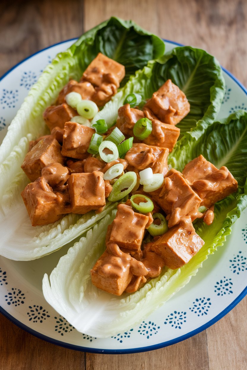 An indoor plate displaying crisp romaine leaves filled with sautéed tofu cubes coated in peanut sauce, garnished with sliced scallions. No text or logos.