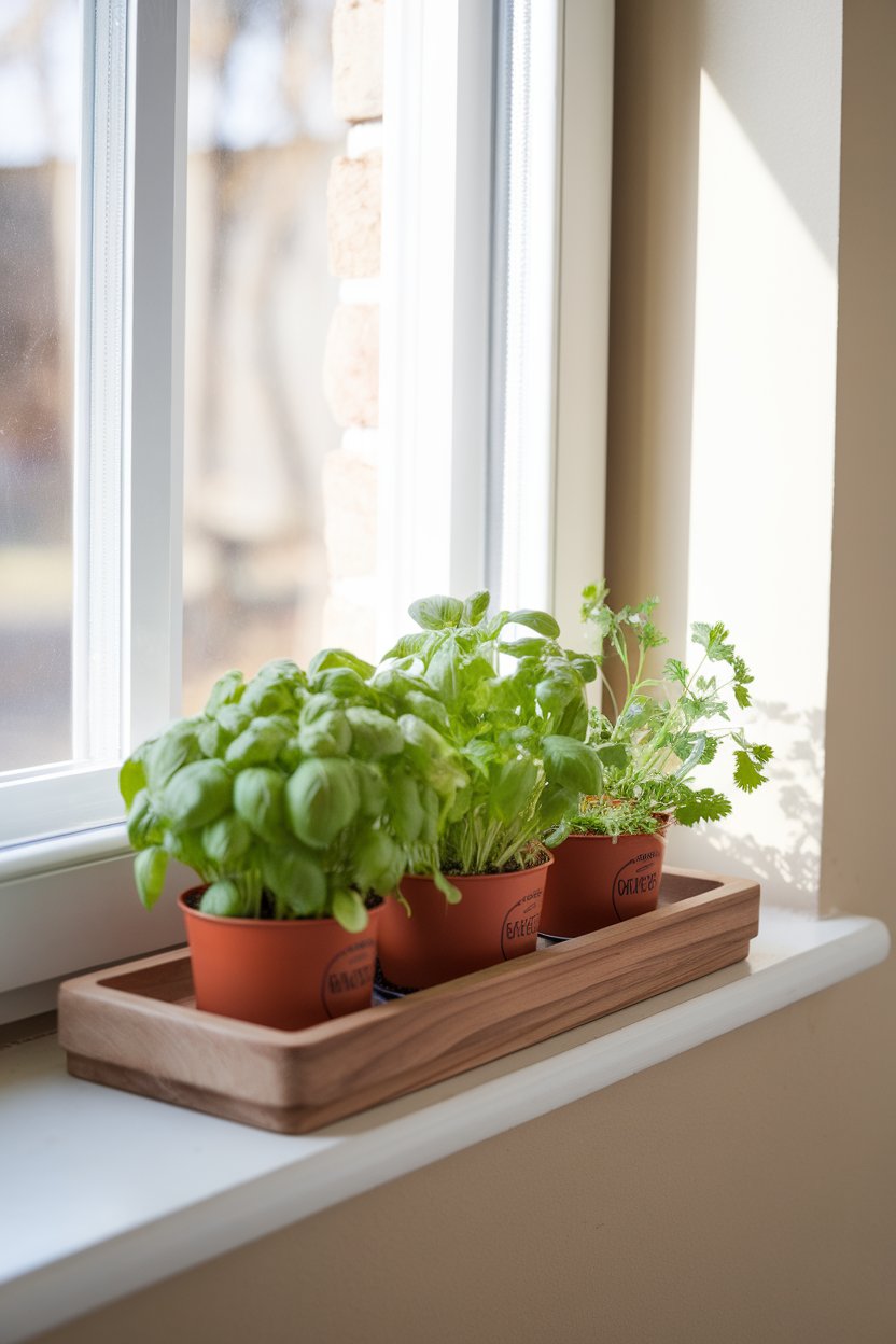 Kitchen windowsill with small pots of basil, parsley, and cilantro, sunlight streaming in, no logos on pots.