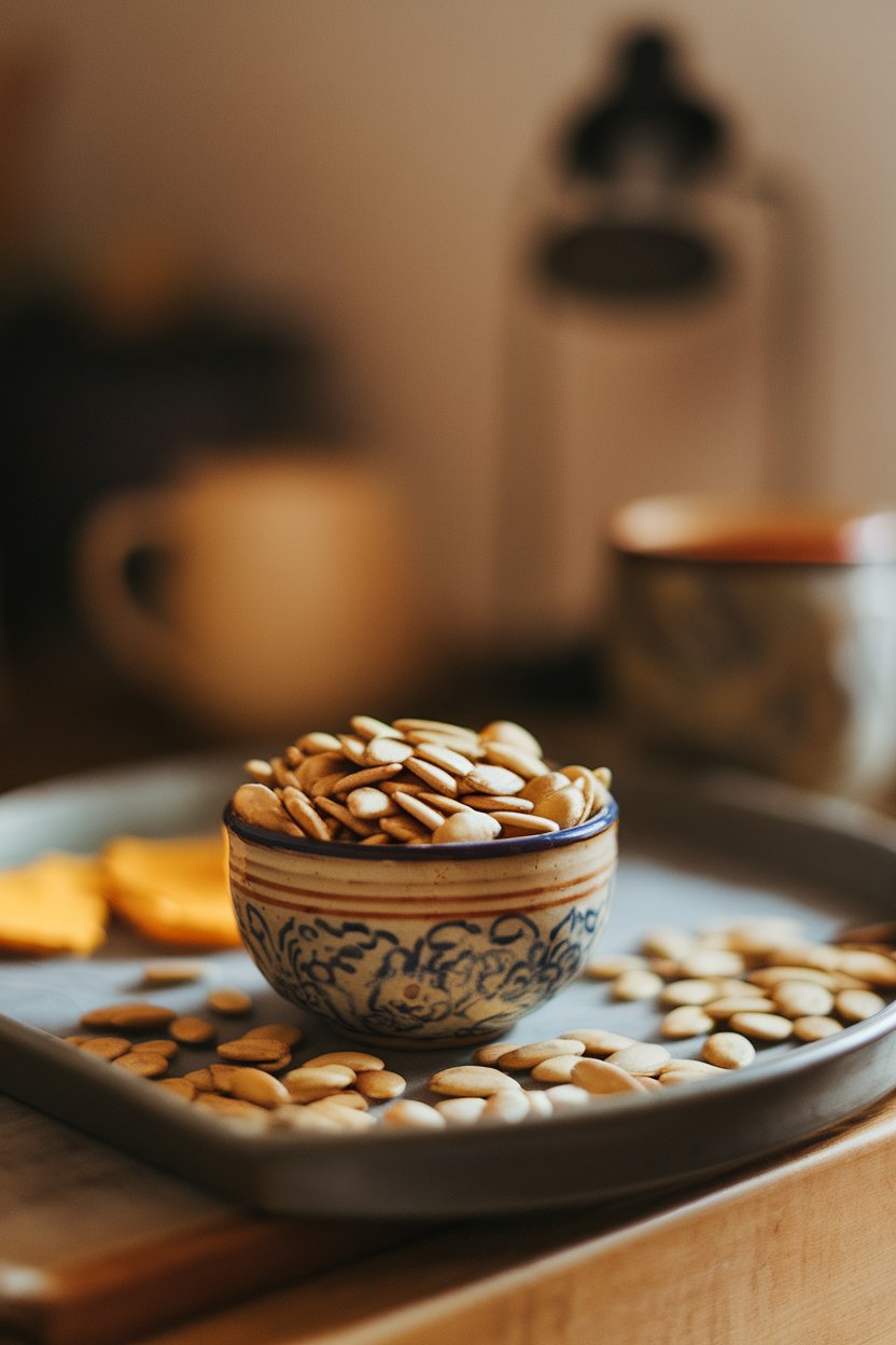 Indoor snack tray with a small ceramic bowl overflowing with roasted pumpkin seeds, a few seeds scattered nearby. No text or logos. Photo.