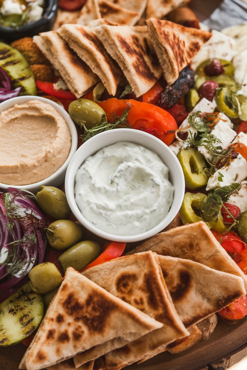 Photo of an indoor appetizer board with toasted pita triangles and a bowl of tzatziki sauce, no text or logos