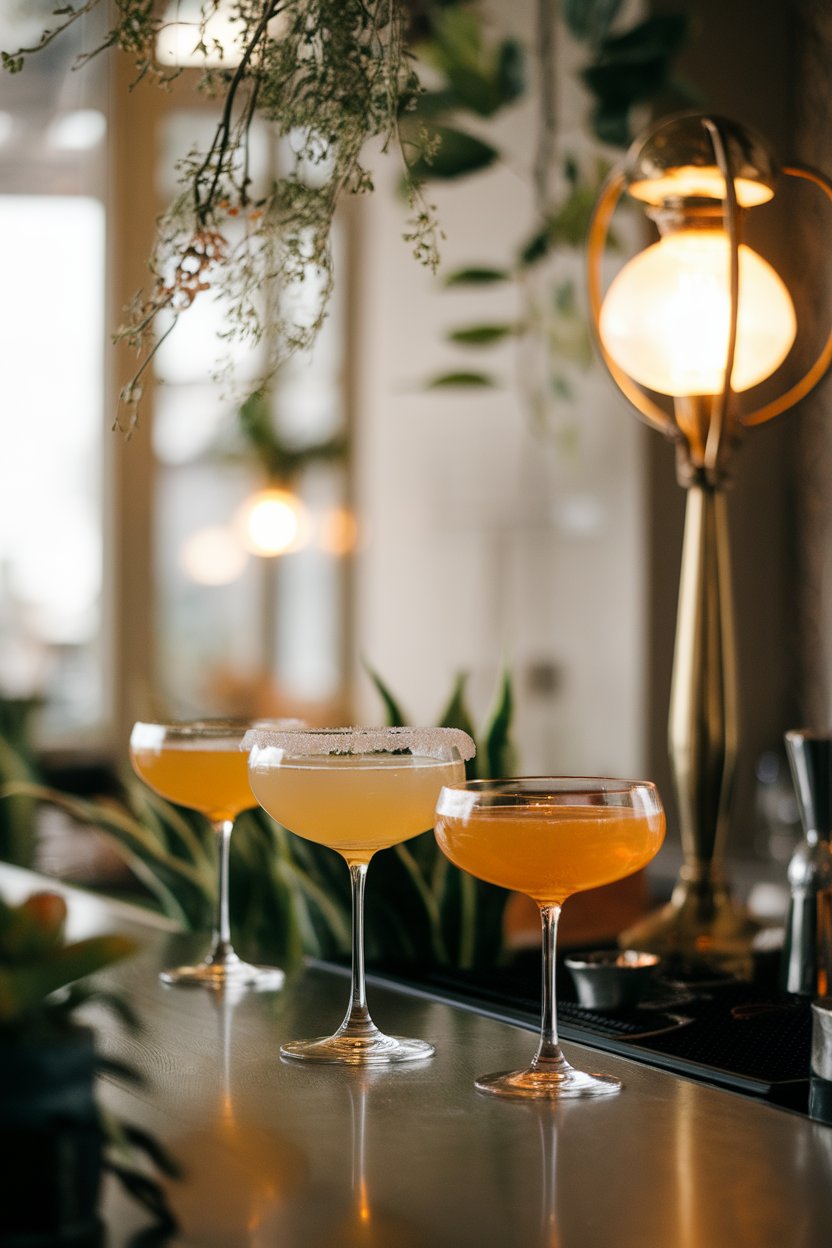 A softly lit indoor bar with a coupe of golden Sidecar sporting a sugared rim. No text or logos.