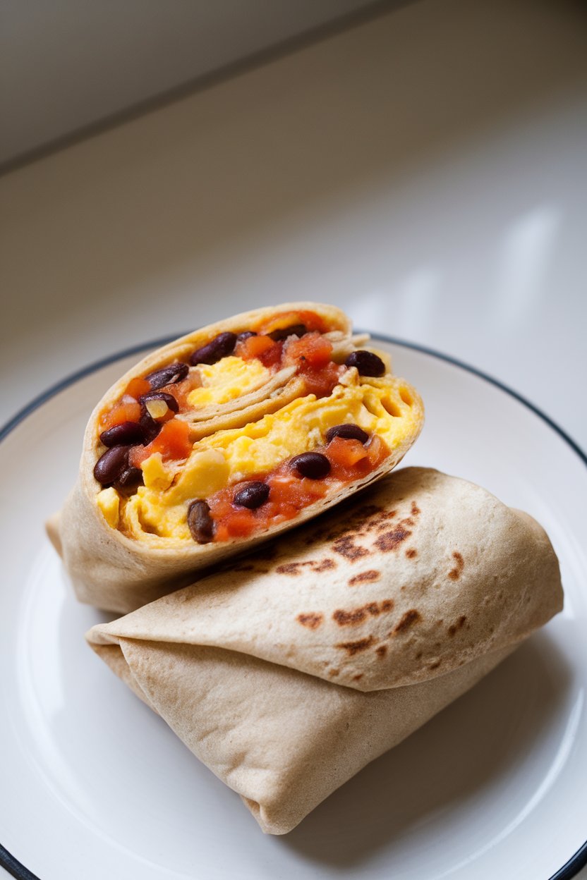 Indoor photo of a cut-in-half breakfast burrito showing scrambled eggs, black beans, and salsa; countertop lighting, no text or logos
