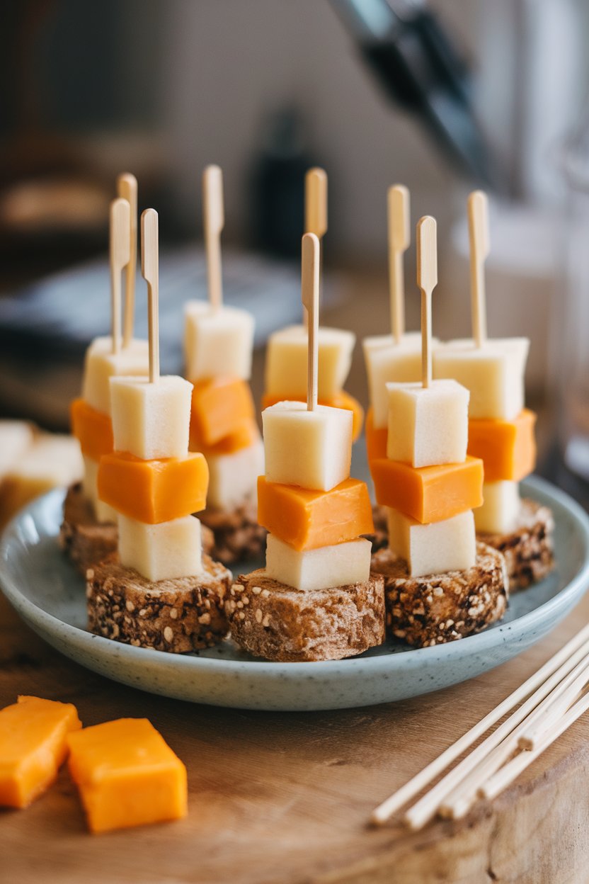 An indoor snack plate with short skewers alternating pear cubes, whole-grain bread squares, and cheddar chunks. Photo only, no branding.