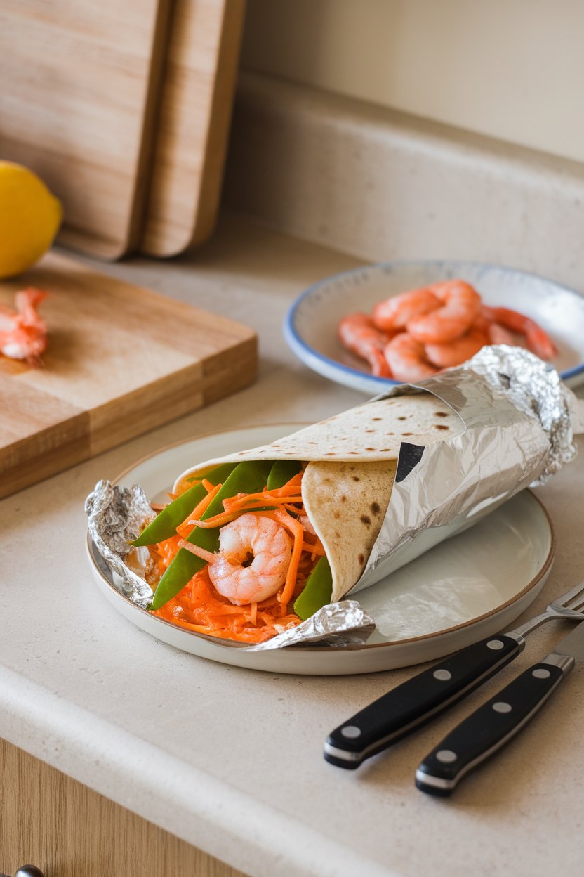 Indoor kitchen counter with a wrap filled with sweet chili-glazed shrimp, shredded carrot, and snap peas. No logos or text.