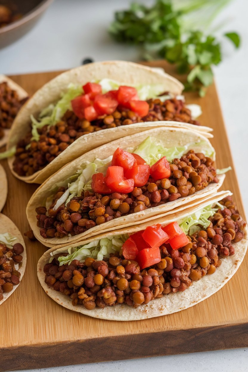 Photo of corn tortillas filled with seasoned lentils, diced tomato, and shredded cabbage, arranged on an indoor serving board. No logos or text present.