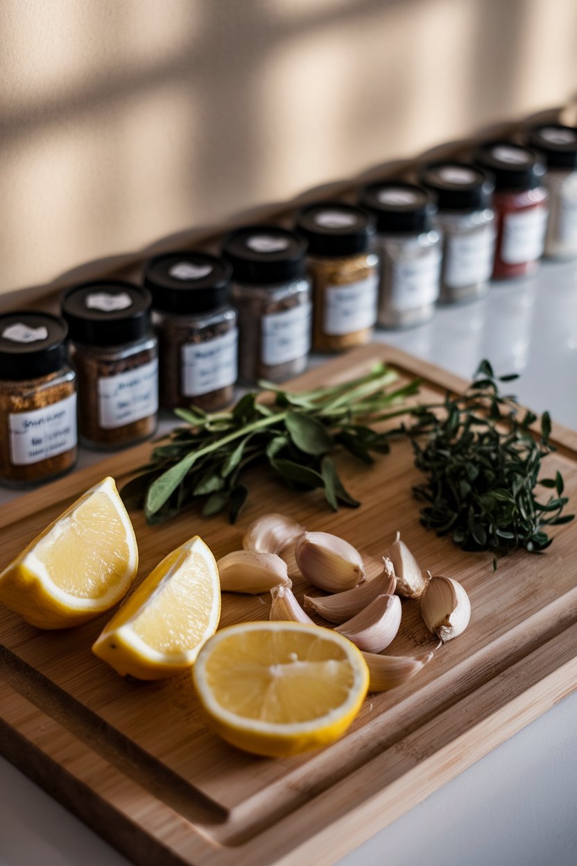Indoor photo of lemon wedges, garlic cloves, and assorted herb sprigs arranged on a cutting board beside spice jars. Soft counter lighting, no text or logos.