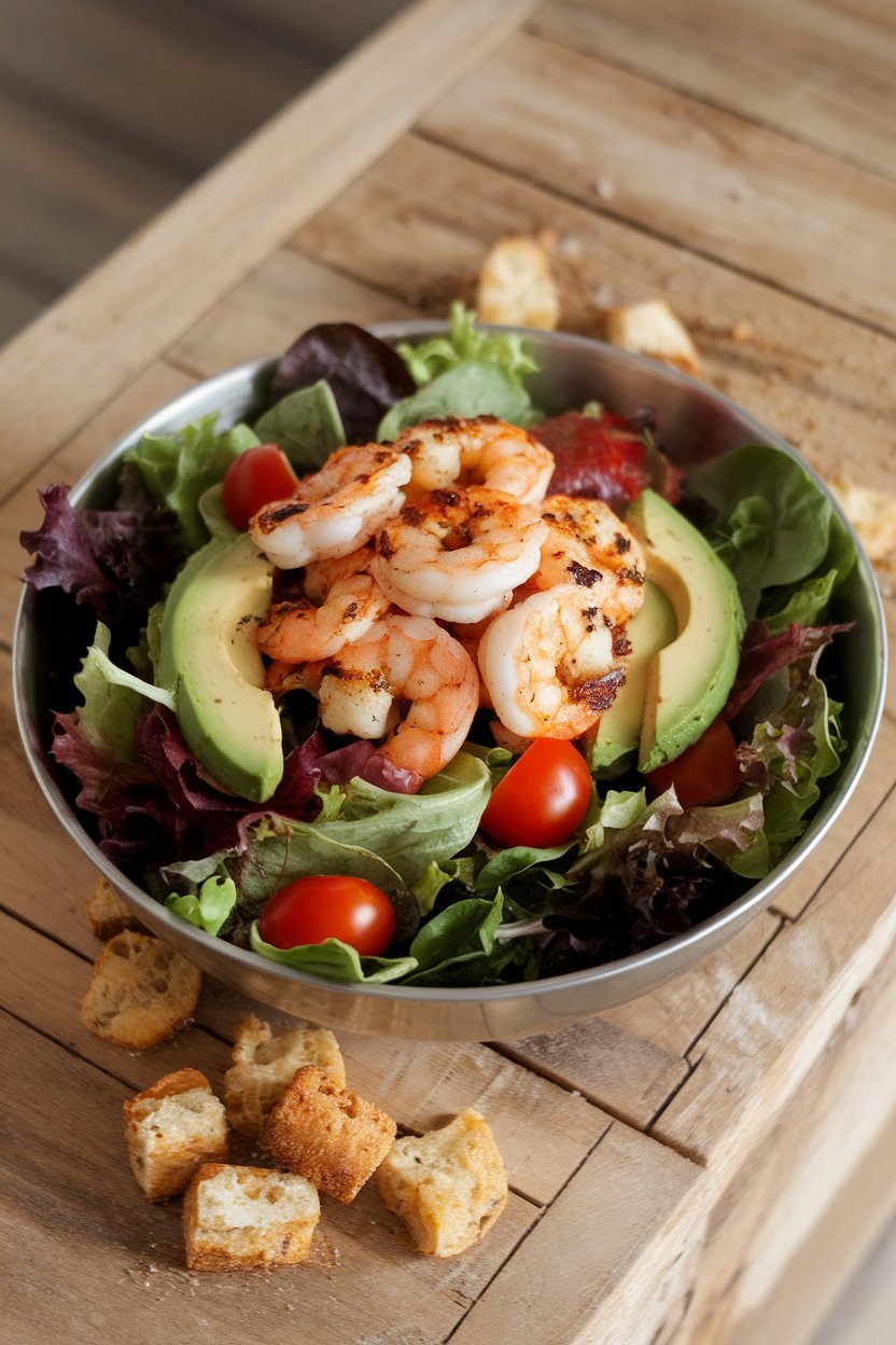 Photo of an indoor salad bowl containing mixed greens topped with grilled shrimp, avocado slices, and cherry tomatoes, no text or logos