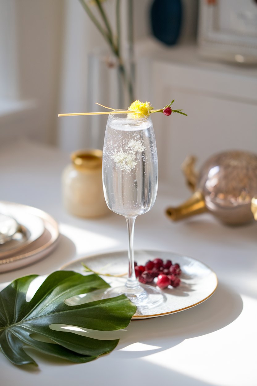 A bright indoor dining table featuring a flute of clear elderflower sparkler garnished with an edible flower. No text or logos anywhere.