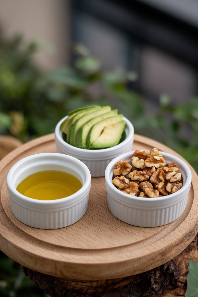Photo — A trio of indoor ramekins containing olive oil, sliced avocado, and toasted walnuts on a wooden board. No text or logos.