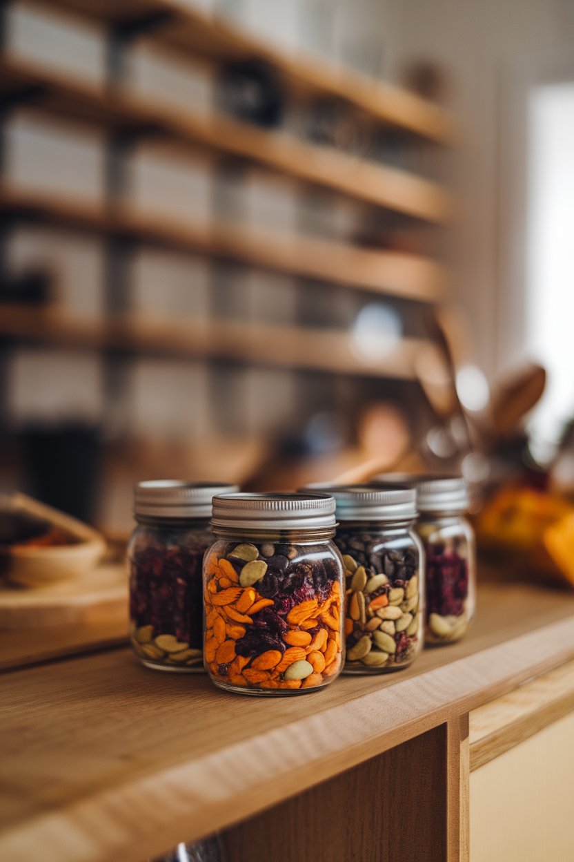 A photo shot indoors showing small mason jars filled with a colorful mix of raw almonds, pumpkin seeds, dried cranberries, and dark-chocolate nibs on a wooden countertop. No text or logos.