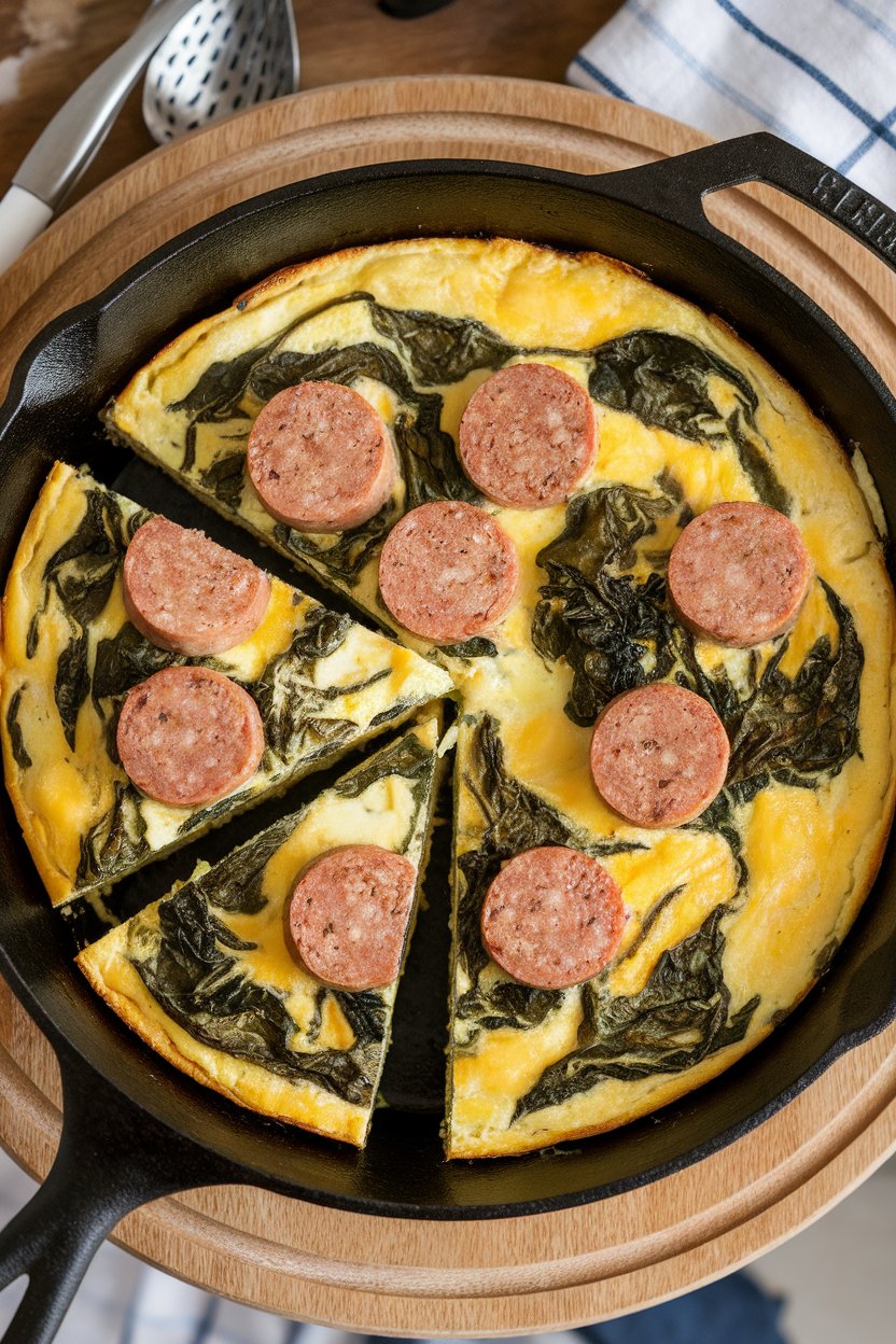 Indoor photo of a cast-iron skillet frittata sliced into wedges, turkey sausage pieces and wilted spinach visible, overhead angle, no text or logos
