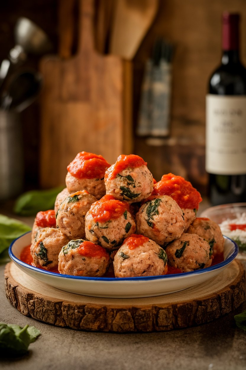 Indoor plate of small turkey meatballs flecked with spinach, coated lightly in marinara sauce; rustic kitchen lighting; photo, no text or logos.
