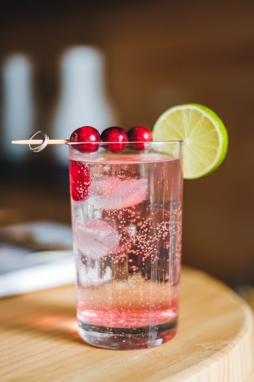 A photo of an indoor highball glass with pale pink sparkling water, a cranberry skewer, and lime wheel; no text or logos.