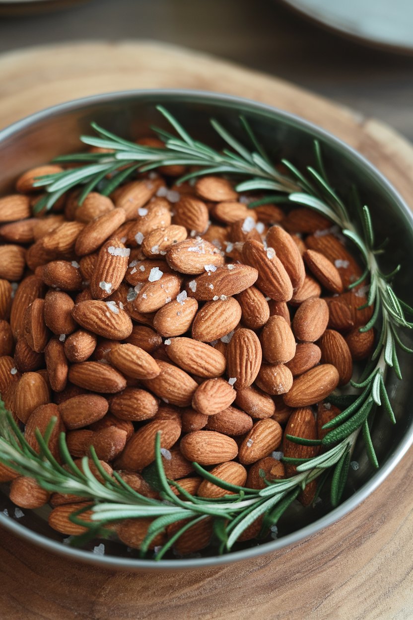 Shallow indoor dish of Marcona almonds speckled with rosemary leaves and sea salt. No text or logos. Photo.