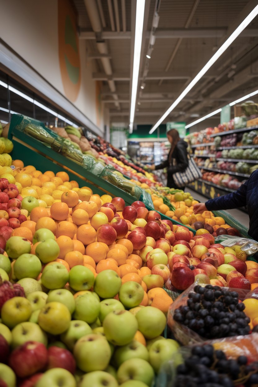 An indoor grocery aisle corner showing colorful produce displays and a shopper picking apples, interior lighting bright. No text or logos visible.