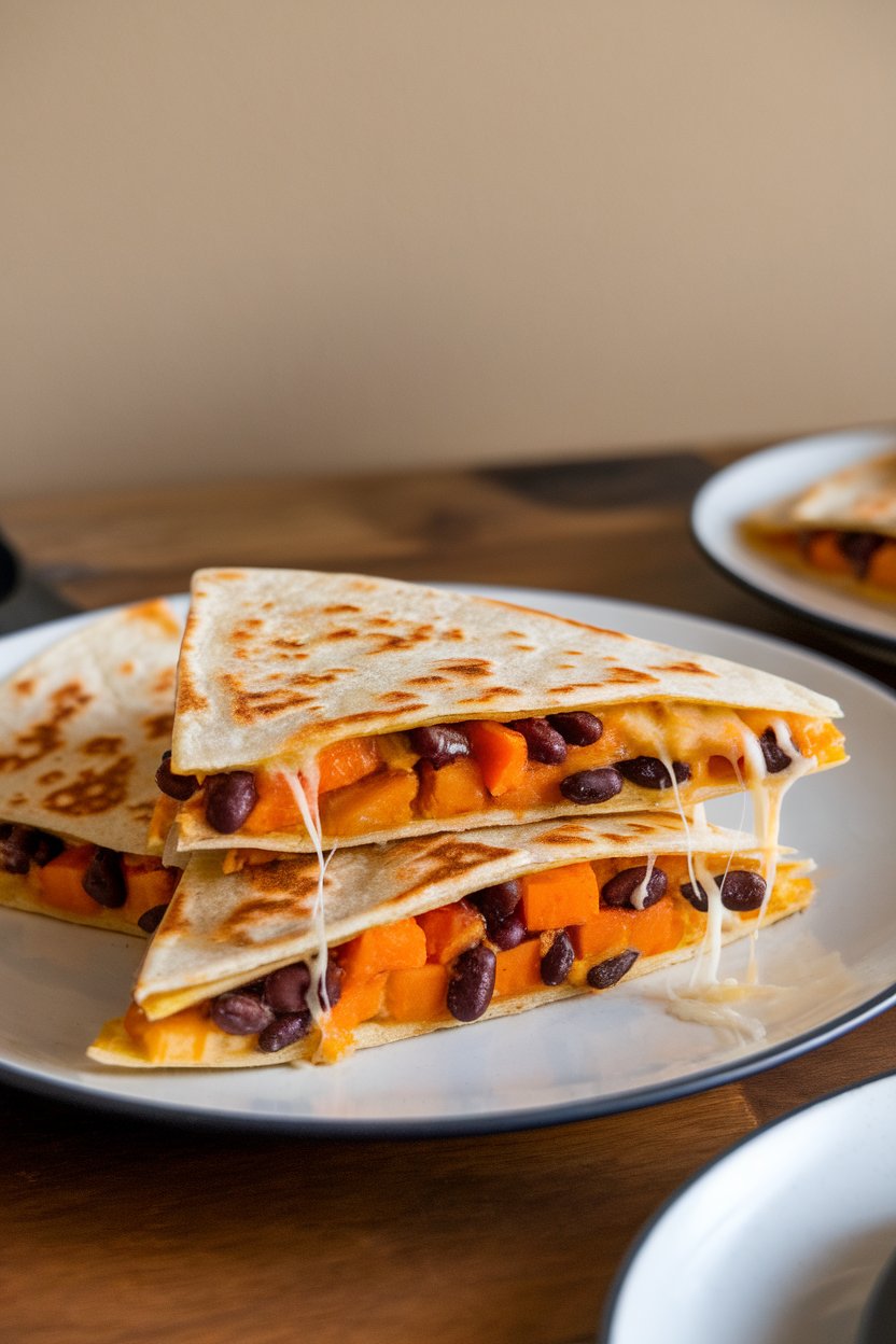 An indoor dining table displaying triangular quesadilla wedges filled with mashed orange sweet potato and black beans; cheese stretching slightly; no text or logos.
