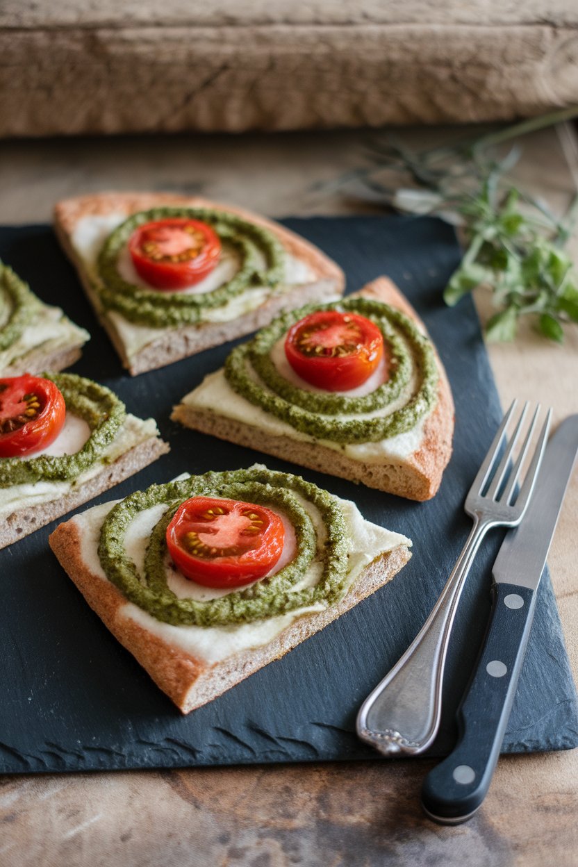 Indoor photo of spelt-flour crust pizza slices topped with green pesto swirls and roasted cherry tomato halves on a slate board, no text or logos
