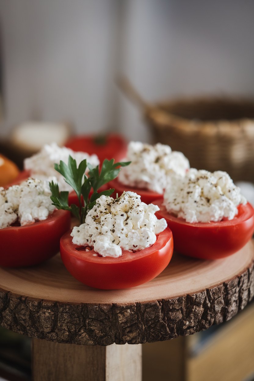Photo prompt: Indoor platter with large tomato halves filled with cottage cheese mixed with herbs and pepper, parsley garnish. No text or logos.