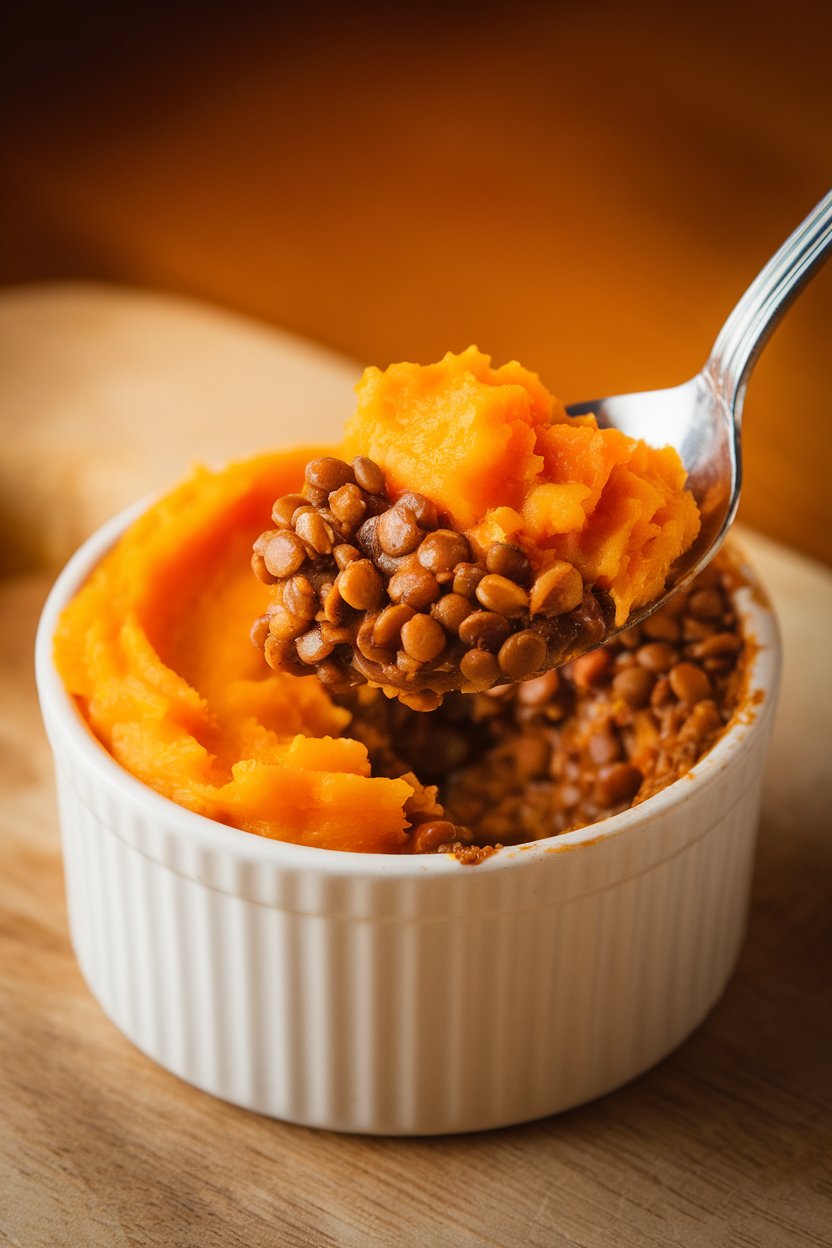 Indoor photo of a small ramekin filled with lentil shepherd’s pie topped with golden mashed sweet potato, a spoon scooping a bite. No text or logos.