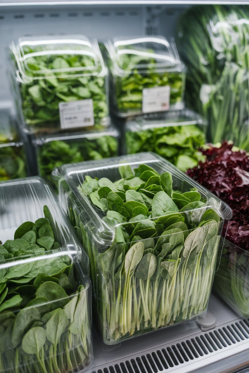 Supermarket refrigerator section photo of clear plastic boxes filled with baby spinach and mixed greens, no logos visible.