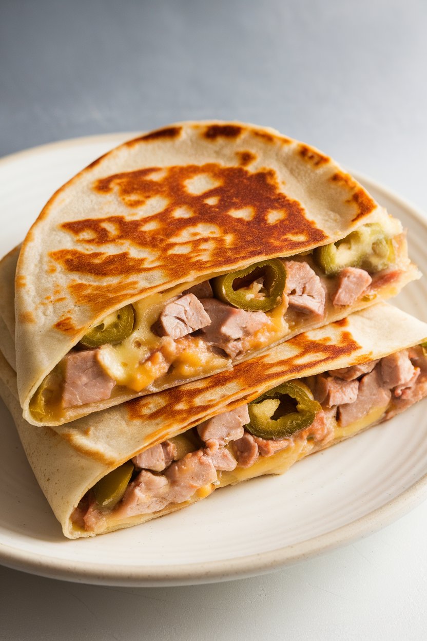 Indoor plate, diced turkey and green chile quesadilla, roasted chile edges visible, photo, no text or logos.