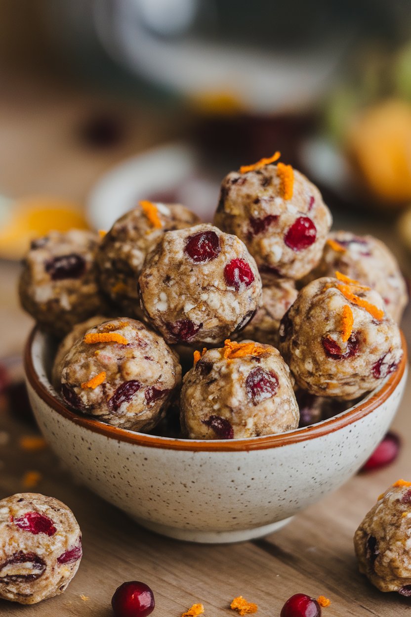 Indoor bowl with round energy bites speckled with red cranberries and orange zest. No text or logos.