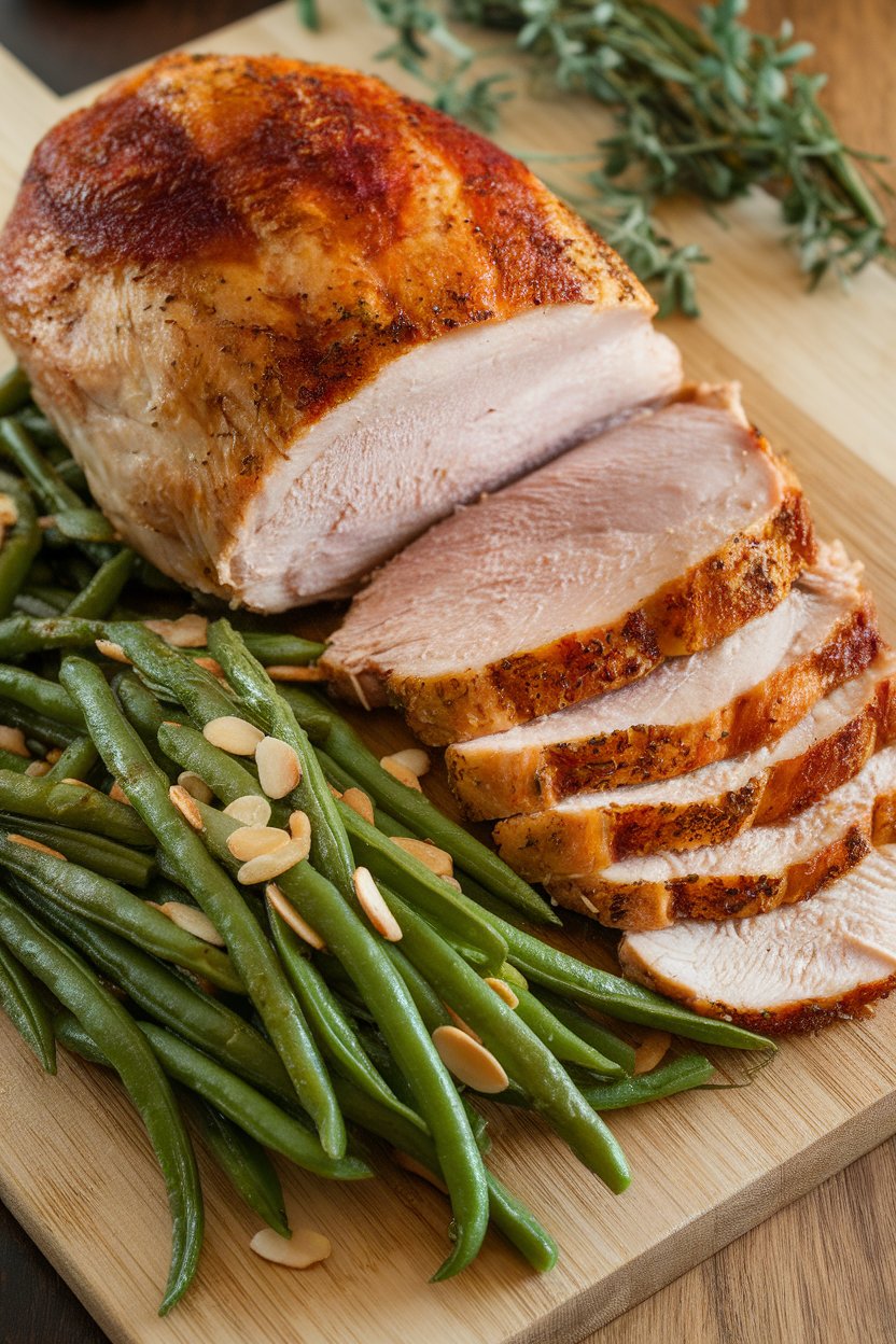A carving board indoors holding sliced roasted turkey breast beside sautéed green beans with almond slivers; no text or logos; photo.