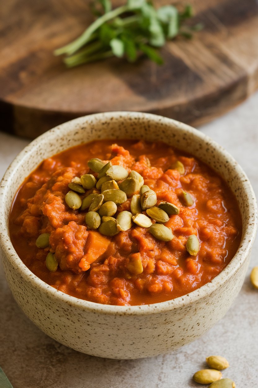 Indoor photo of hearty chili with ground turkey and pumpkin purée in a stoneware bowl, topped with pepitas, no text or logos