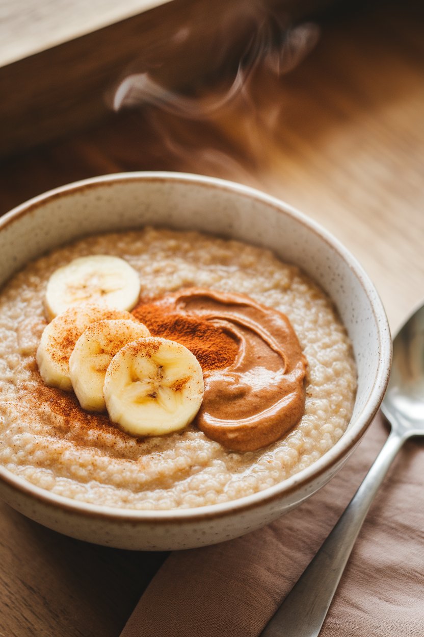 Indoor photo of a bowl of warm quinoa porridge topped with sliced banana, cinnamon, and a spoonful of almond butter; gentle steam visible, no text or logos.