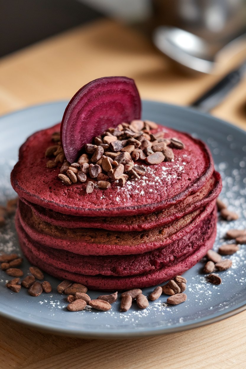 Indoor plate of deep red-brown pancakes, cacao nibs sprinkled on top, beet slice garnish; photo only.
