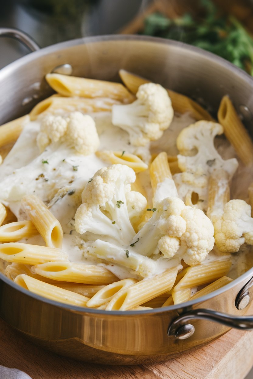 An indoor pot of penne coated in a creamy white cauliflower sauce, steam visible; no text or logos.