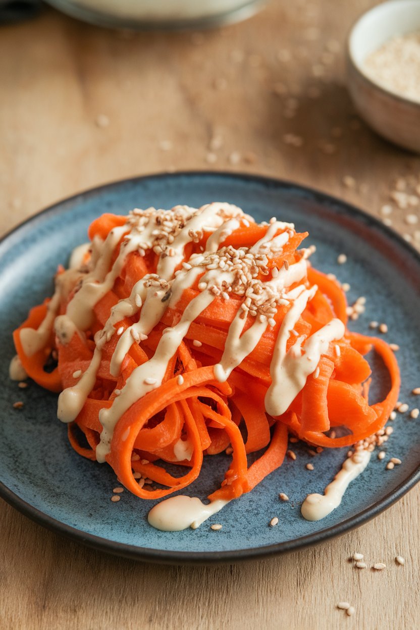 An indoor plate of thin carrot ribbons drizzled with creamy tahini dressing and sesame seeds. No text or logos. Photo, not illustration.