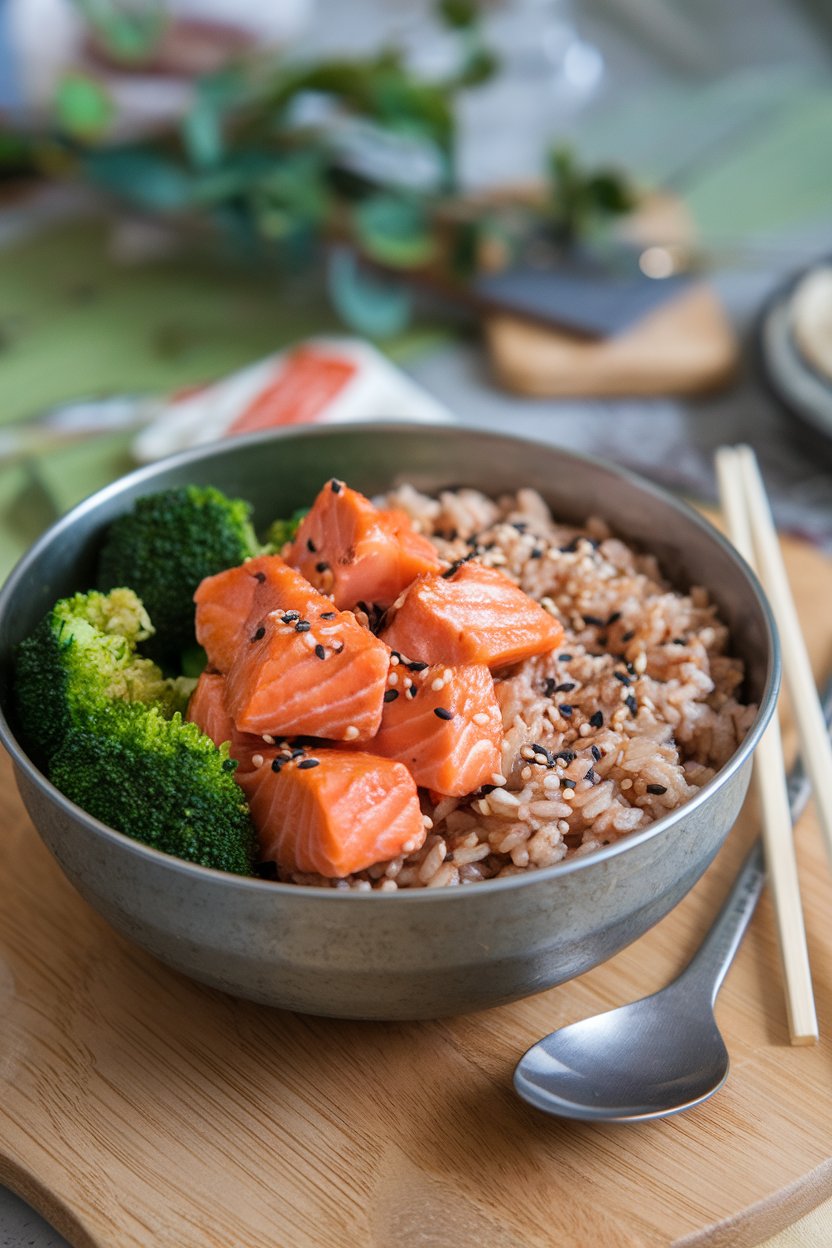 Indoor shot of glazed salmon chunks, steamed broccoli florets, and brown rice sprinkled with sesame seeds. No text or logos.