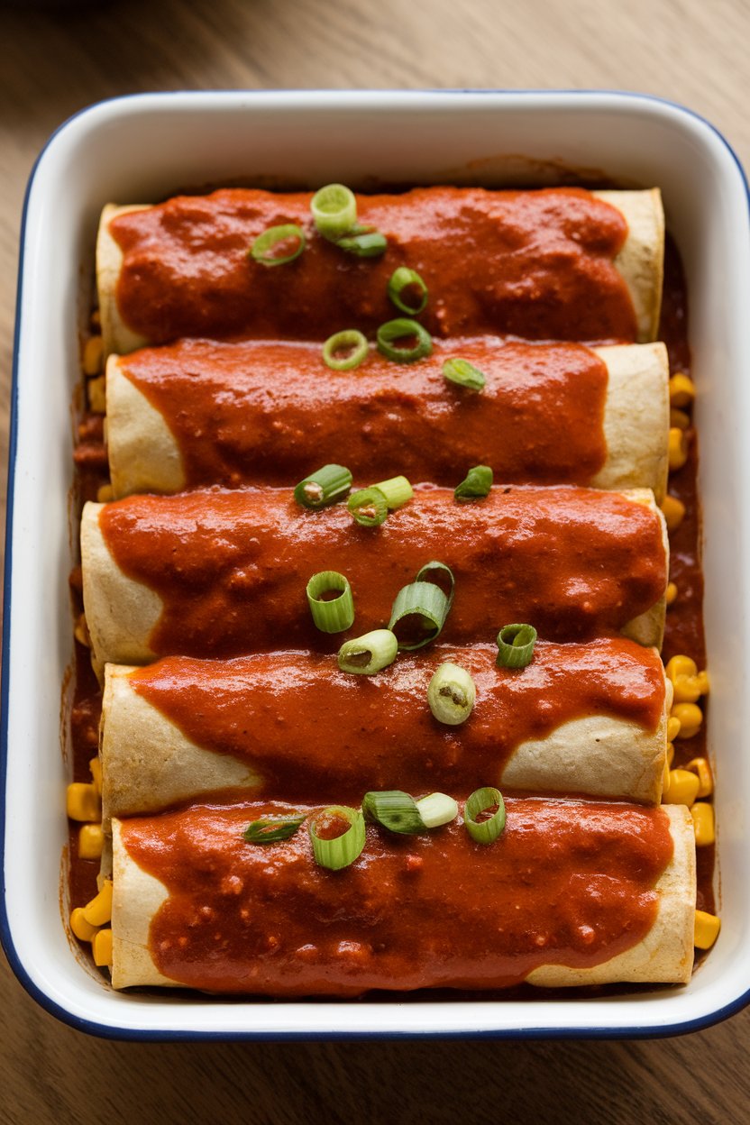 An indoor casserole dish of rolled enchiladas smothered in red sauce, poblano and corn filling visible at the edges. No text or logos; photo, not illustration.