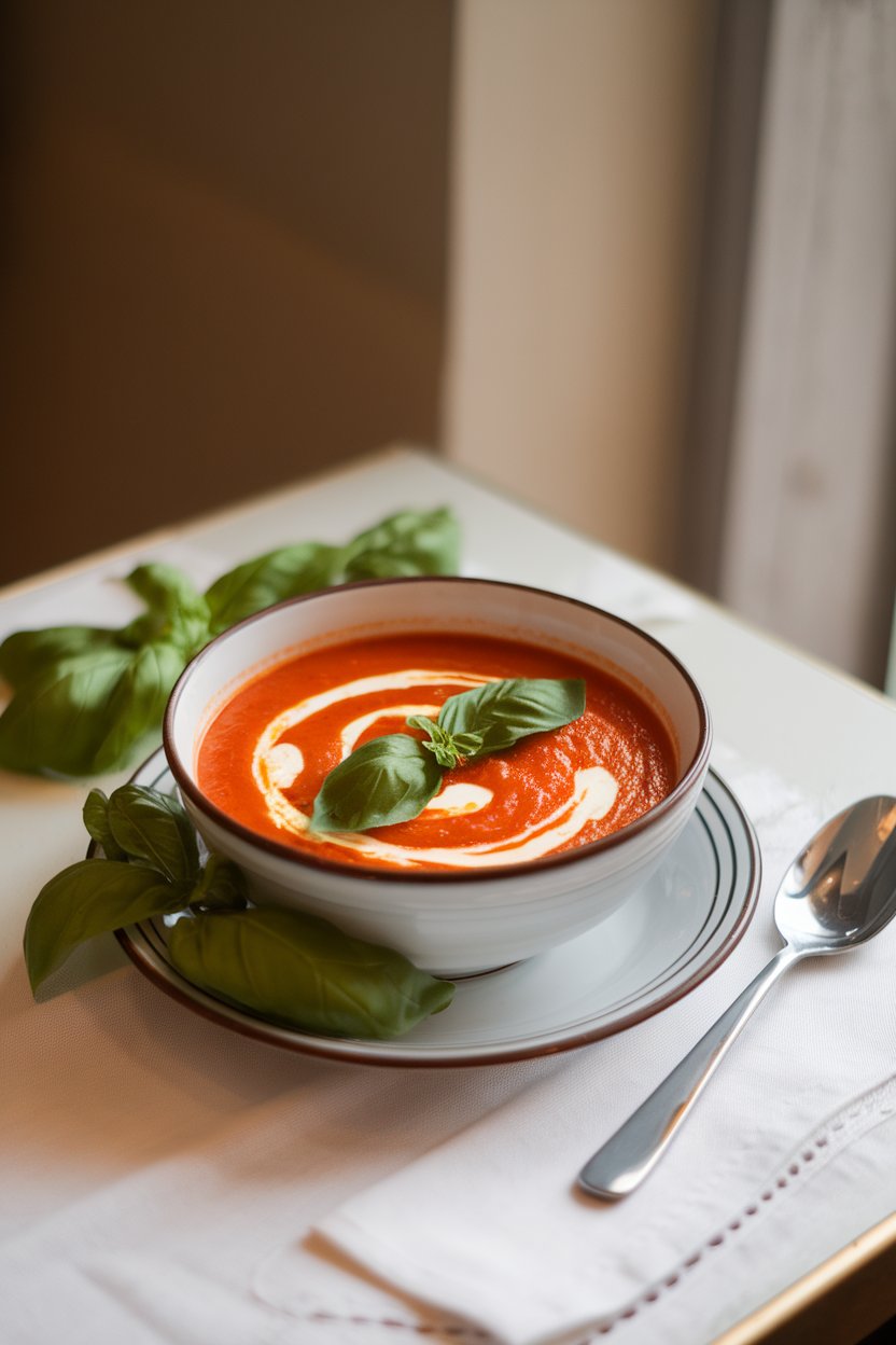 Indoor café-style table showcasing a bowl of creamy tomato basil soup with a swirl of cream and fresh basil leaves on top. No text or logos. Photo.